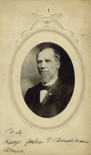 Head and shoulders oval studio portrait of John T. Anderson, a corporal in Company A, 15th Wisconsin infantry.  The following information was obtained from the Regimental and Descriptive Rolls, Volume 20: He resided in Boone County, Illinois. On October 17, 1861,  he enlisted and was eventually mustered into service in Madison, Wisconsin on November 15, 1861.  The muster rolls also state that he served as a guard on a supply train to Stevenson, Alabama and was hospitalized for a time in Nashville, Tennessee. On December 12, 1864, he mustered out of service as a corporal with Company A in Chattanooga, Tennessee.