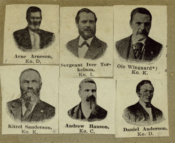 (TOP LEFT)
Head and shoulders portrait of Arne Arneson, a private in Company D, 15th Wisconsin Infantry. The following information was obtained from the Regimental and Descriptive Rolls, Volume 20: He resided in Mount Horeb, Wisconsin. On December 15, 1861, he enlisted in Mount Horeb, Wisconsin and on December 16, 1861, he was mustered into service in Madison, Wisconsin at the age of 22. He was listed as wounded and missing in action following the battle at Stone River, Tennessee on December 31, 1862. In March 1862, it was discovered that he was a paroled prisoner of war in St. Louis, Missouri. On February 17, 1865, he mustered out with the company at Chattanooga, Tennessee.

(TOP CENTER)
Head and shoulders portrait of Iver Torkelson, a sergeant in Company H, 15th Wisconsin Infantry. The following information was obtained from the Regimental and Descriptive Rolls, Volume 20: He resided in Christina, Wisconsin. On December 4, 1861, he enlisted in La Crosse, Wisconsin and on February 13, 1863, he was mustered into service in Madison, Wisconsin at the age of 35 with the rank of corporal. On August 1, 1862, he was promoted to the rank of sergeant. He was mustered out of service in Madison, Wisconsin on February 12, 1865.

(TOP RIGHT)
Head and shoulders portrait of Ole V. Wingaard, a private in Company K, 15th Wisconsin Infantry. The following information was obtained from the Regimental and Descriptive Rolls, Volume 20: He resided in Winneshiek, Iowa. On January 23, 1862, he enlisted in Winneshiek, Iowa and on February 11, 1862, he was mustered into service in Madison, Wisconsin at the age of 26. In November was detached to serve on Provost Marshall duty. During the battle at Stone River, Tennessee, he was severely injured and sent to a hospital in Nashville, Tennessee until he was discharged for disability on April 27, 1864, at Louisville, Kentucky.

(BOTTOM LEFT)   
Head and shoulders portrait of Kittel Sanderson, a private in Company K, 15th Wisconsin Infantry. The following information was obtained from the Regimental and Descriptive Rolls, Volume 20: He held residence in Winneshiek, Iowa. On February 27, 1862, he enlisted in Winneshiek, Iowa and on March 1, 1862, he was mustered into service in Madison, Wisconsin at the age of 40. He was listed as being absent sick at Bowling Green, Kentucky on November 4, 1862. He was mustered out ant transferred to Company I, 23rd Veteran Reserve Corps on October 15, 1863, by General Order No. 27 from the War department. He was mustered out of service on February 27, 1865, by reason of expiration of term of enlistment.

(BOTTOM CENTER)
Head and shoulders portrait of Andrew Hanson, a private in Company C, 15th Wisconsin Infantry. The following information was obtained from the Regimental and Descriptive Rolls, Volume 20: He resided in Raymond, Wisconsin. On November 05, 1861, he enlisted in Waterford, Wisconsin and on December 2, 1861, he was mustered into service in Madison, Wisconsin at the age of 26. From November 1862 to July 1864 he was detached with the Pioneer Corps. He was mustered out of service with the company on December 31, 1864, at Chattanooga, Tennessee. 

(BOTTOM RIGHT)
Head and shoulders portrait of Daniel Anderson, a private in Company D, 15th Wisconsin Infantry. The following information was obtained from the Regimental and Descriptive Rolls, Volume 20: He resided in Pine Lake, Wisconsin. On October 30, 1861, he enlisted in Pine Lake, Wisconsin and on December 8, 1861, he was mustered into service in Madison, Wisconsin at the age of 28. He was listed as missing in action following a skirmish near Nolensville, Tennessee on December 27, 1862. In February 1863, he was eventually found to be recovering in a hospital in Nashville, Tennessee. He mustered out with the company on February 13, 1865 at Chattanooga, Tennessee.