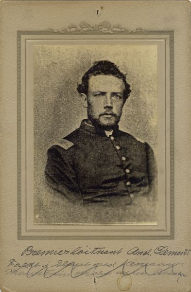 Quarter-length studio portrait of Andrew Clement, a first lieutenant in Company K, 15th Wisconsin Infantry, in uniform. The following information was obtained from the Regimental and Descriptive Rolls, Volume 20: He resided in Waupun, Wisconsin. On October 05, 1861, he enlisted in Waupun, Wisconsin was mustered into service in Madison, Wisconsin at the age of 22. When he was mustered in he was appointed to the rank of sergeant; this ranking was reduced on May 10, 1862 to Musician. In October 1862, he was commissioned as a first lieutenant and transferred to Company K, 15th Wisconsin Infantry.  In October 1863, he was taken prisoner while on picked duty near Chattanooga, Tennessee. He was paroled and returned to service in December 1863.  He was sent on leave which he took in Briggsville, Wisconsin, where he died of chronic diarrhea on September 23, 1864.