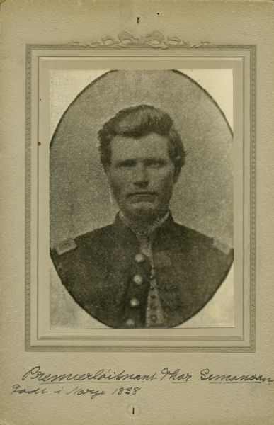 Head and shoulders studio portrait of Thor Simonson, a first lieutenant in Company F, 15th Wisconsin Infantry, in uniform. The following information was obtained from the Regimental and Descriptive Rolls, Volume 20: He resided in Christian County, Illinois. On January 11, 1862, he was commissioned as a first lieutenant and mustered into service in Madison, Wisconsin on January 14, 1862, at the age of 24. He was wounded at Stone River, Tennessee on December 30, 1862. He commanded Company F briefly during the war. On May 27, 1864, he was taken prisoner during the fighting at New Hope Church, Georgia. In September 1864, he was exchanged and rejoined Company F on September 24, 1864. He mustered out with the company on January 14, 1865, at Chattanooga, Tennessee.