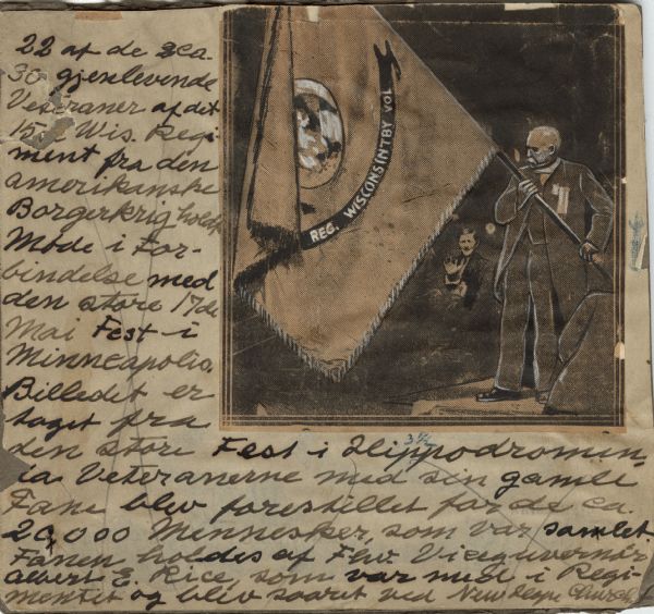 Drawing of older gentleman presenting the regimental flag of the 15th Wisconsin Infantry, presumably at a Grand Army of the Republic meeting. The image is surrounded by Norwegian text.