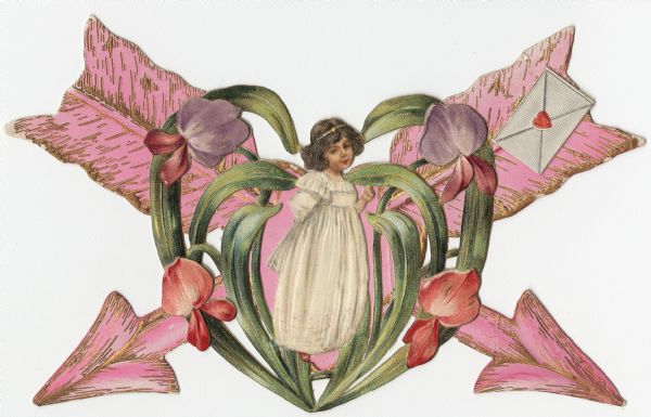 Valentine's Day card of three, die cut pieces. On top is a little girl inside of orchid leaves and blossoms. She is wearing a long white dress and a headband. Behind her are two crossed pink and metallic gold arrows. Glued on the upper right arrow fletching is a tiny folded letter that opens to show the message: "Cupid Cottage. My Dear Friend, just one little line, 'Good morrow, I Love You' Valentine, Feb. 14th." Chromolithograph, embossed and die cut.