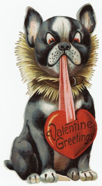 Valentine's Day card of a black and white dog with a furry tan ruff and a collar, holding a ribbon in his mouth that is attached to a heart. Within the heart it reads: "Valentine Greetings." There is a paper easel on the back so the valentine can stand vertically. Chromolithograph, printed in Germany.
