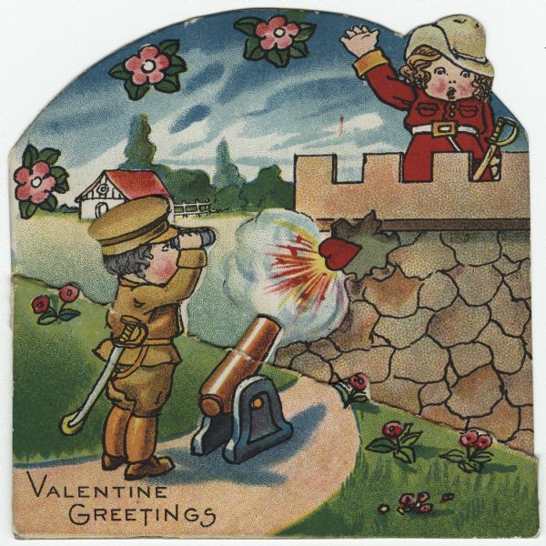 Valentine's Day card featuring a girl wearing a red uniform and a sword, standing on the roof of a fort. A boy in a tan uniform with a sword, is looking at her through binoculars. He has just fired a heart out of a cannon and it is striking the fort. There is a farm in the background, and flowers are above and below. The card is die cut so the boy is on the front "flap" and the girl is on the back flap. Chromolithograph and die cut.