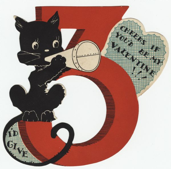 Valentine's Day card of a cat with a megaphone sitting on the number three. In a blue plaid heart tucked behind, the text reads: "I'd Give 3 Cheers If You'd Be My Valentine!!!" Letterpress and die cut.

