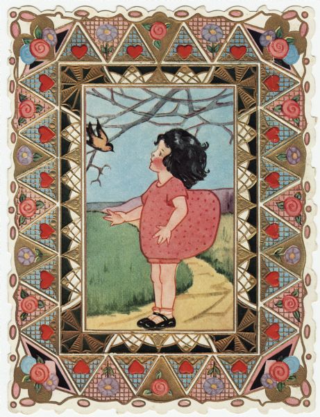 Valentine's Day card with a little girl in a red outfit gazing at at bird in a tree. She is standing on a path with grass all around. There  is an ornate border of geometric shapes, hearts and flowers. This card is a "folder" from a "Whitney's Valentine Material" kit. It is an example of a "folder" that does not have lace or ornaments attached. Offset lithography, embossed and die cut. An interesting note: the Valentine was given to Miss Ardis Oakes from Master Gaylord Nelson.