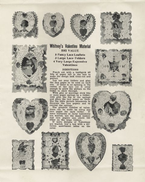 The instructions for the "Whitney's Valentine Material" kit. These kits had "folders" (cards), paper lace and die cut paper ornaments. The purchaser then created their own Valentines using these elements.