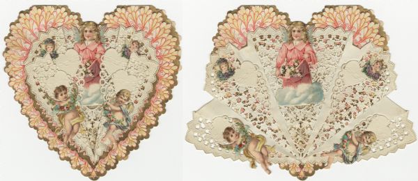Valentine's Day card that has foldout panels on both sides. The bottom layer is a heart-shaped card with a floral and metallic gold border, die cut and embossed. The next layer is folded paper lace that opens up to reveal a figure of an angel in a pink dress holding flowers in her pink apron. The top layer has cutouts of cherubs holding garlands of flowers glued to the paper lace. Chromolithograph.