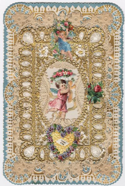 Valentine's Day card with three layers. The bottom layer is the folded card with an ornate embossed design in blue and metallic gold. In the center is a cutout of a cherub holding a bouquet of flowers. The next layer is white paper lace. The top layer is gold and white paper lace with another cherub, a rose and a flowered heart with the text: "I Dream Of Thee" on it. The top two layers have paper springs to give the Valentine a three dimensional look. Chromolithograph, embossed and die cut.