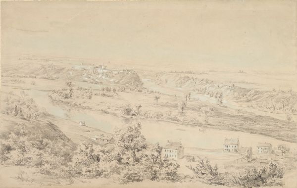 Landscape view of Fort Snelling, Minnesota Territory from a nearby hill showing the Fort, the Mississippi river, the countryside, farm buildings and tipis.  The pencil drawing is highlighted with white and light blue.
