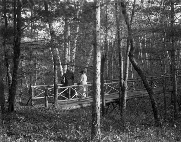 Rear view of a man and woman standing on a wooden bridge in a wooded area.