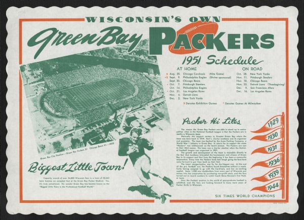 A placemat advertising the schedule for the Green Bay Packers.