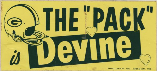 A sticker for the Green Bay Packers with the words "The 'Pack' is Devine," referencing Dan Devine who was the head coach of the Green Bay Packers from 1971 to 1974.