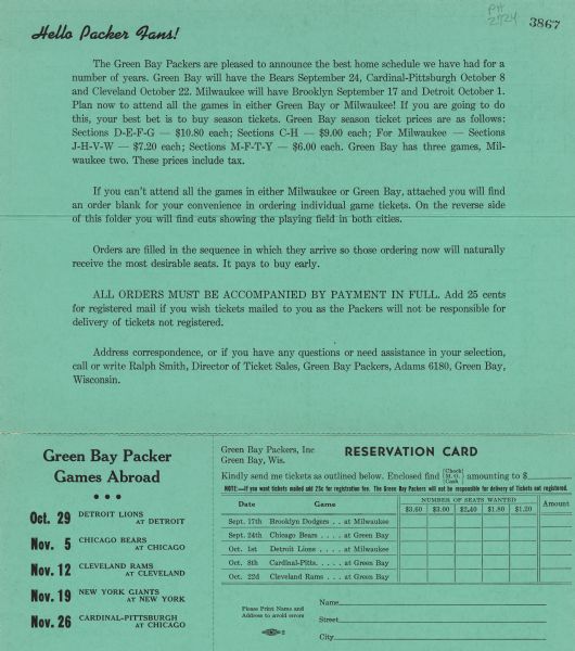 A letter from the Green Bay Packers' director of ticket sales accompanied by a schedule and ticket request reservation card. A map of the stadium, with ticket prices indicated, is on the reverse.