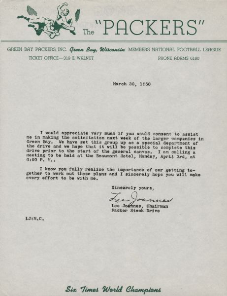 Green Bay Packers letterhead dated March 30th. The content of the letter is detailing a future Green Bay Packers stock drive and is sent from Lee Joannes.