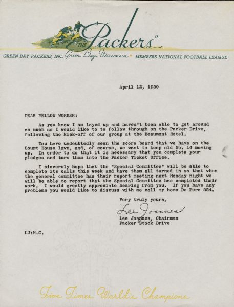Green Bay Packers letterhead dated April 12th. The content of the letter is addressed to "DEAR FELLOW WORKER" and details a small aspect of the Green Bay Packers stock drive. The letter was sent from Lee Joannes.