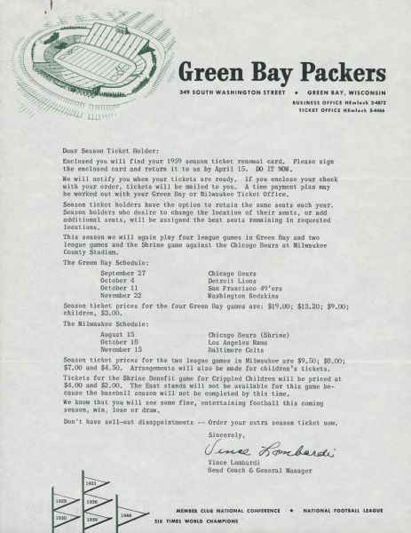 Letter From Vince Lombardi to Season TIcket Holders, Document