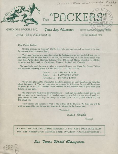 A letter form Green Bay Packers president Russ Bogda addressed "Dear Packer Backer."