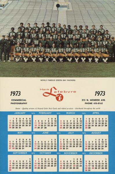 A wall calendar featuring the "World Famous Green Bay Packers." The calendar is advertising Hank Lefebvre's commercial photography business.
