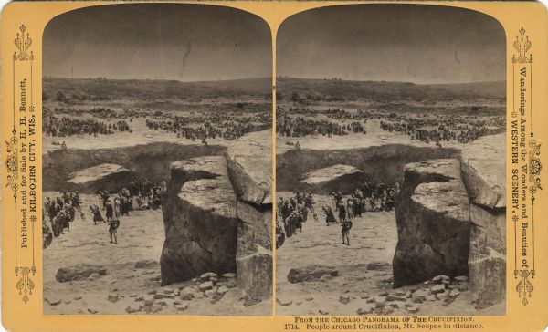 A depiction of Jerusalem on the day of Jesus' crucifixion. A busy landscape of people, animals, and shelters. Mount Scopus is in the distance. Text at right: "Wanderings Among the Wonders and Beauties of Western Scenery."