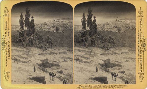 A depiction of Jerusalem on the day of Jesus' crucifixion. This may be the Eastern end of Mount Zion or the City of David. Text at right: "Wanderings Among the Wonders and Beauties of Western Scenery."