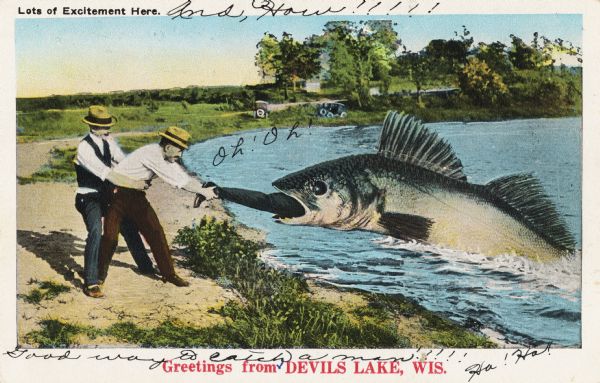 Colorized postcard in the Tall-Tale style. Two men standing on the shore are pulling a third man's leg out of a enormous fish's mouth. Two automobiles and trees can be seen on the distant shoreline. Caption at top reads: "Lots of Excitement Here" and text below reads: "Greetings from DEVIL"S LAKE, Wis."