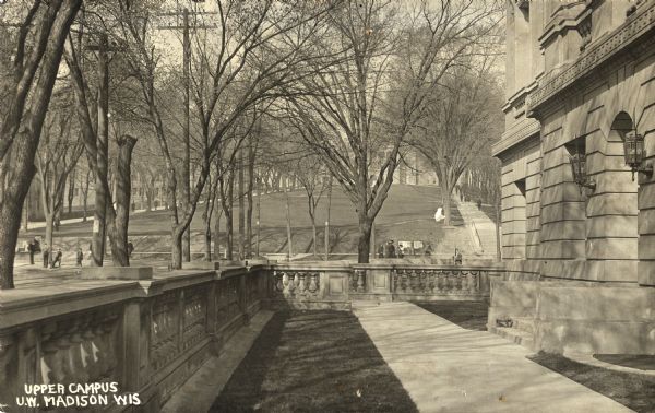Photographic postcard of the upper campus viewed from the State Street entrance of the State Historical Library, now the headquarters building of the Wisconsin Historical Society. Bascom Hall and other campus buildings are visible through the trees. Text in the lower left reads "Upper Campus, U.W. Madison, Wis."