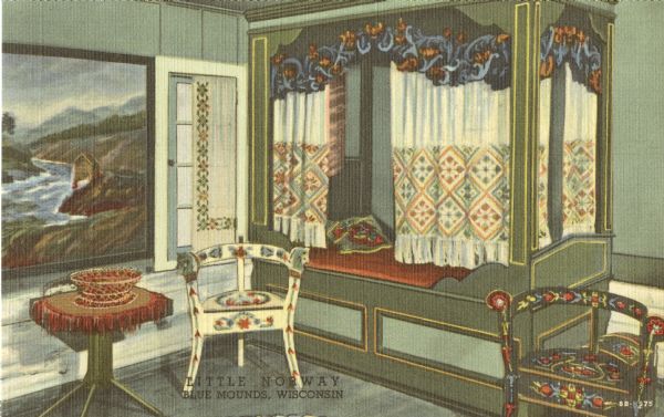 Colorized postcard of a bedroom with a built-in bed with bed curtains, two chairs and a table. A large painting decorates the wall. Text below reads "Little Norway, Blue Mounds, Wisconsin."