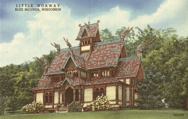Colorized postcard of a Norwegian building at Little Norway in Blue Mounds. Built in Norway by the Norwegian Government, for the Columbian Exposition, Chicago, 1893. Caption reads: "Little Norway, Blue Mounds, Wisconsin."