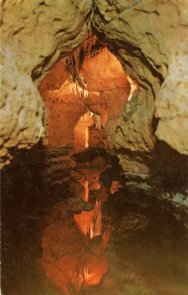 Color postcard of Dream River, North Cave, opened in 1957, in the Cave of the Mounds.