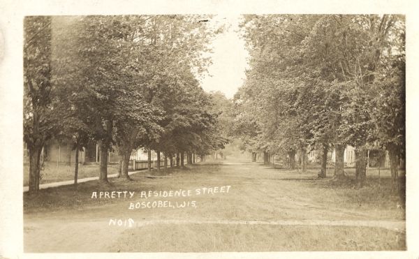 Photographic postcard of a residential street. The tree-lined street is not paved. Homes can be seen behind the trees. Text below reads: "A Pretty Residence Street, Boscobel, Wis."