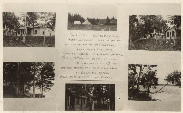 Photographic postcard of a poster promoting Camp Milo on White Sand Lake. On it are photographs of the cabins, tents, lake, and boats on the shore.