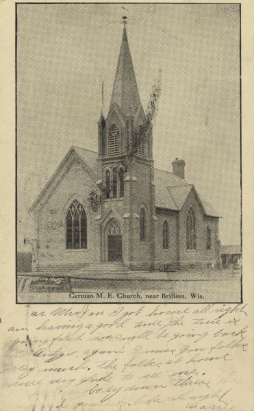 Black and white postcard of the German Methodist Episcopal Church. Caption reads: "German M.E. Church, near Brillion, Wis."