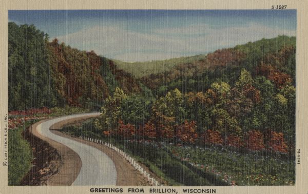 Colorized postcard of a paved road curving between hills with trees in autumn color. There are flowers in the fields on both sides of the road. Caption reads: "Greetings From Brillion, Wisconsin."