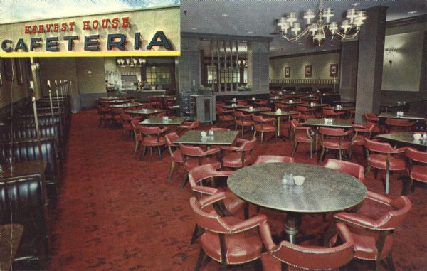 Color postcard view of the interior of the Harvest House Cafeteria, Brookfield Square Shopping Center.