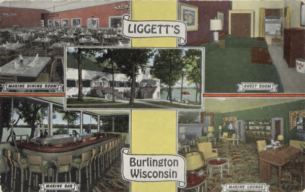Color postcard of five views of Liggett's Resort on Brown's Lake. Front view, "Marine Dining Room," "Marine Bar," "Guest Room" and "Marine Lounge."