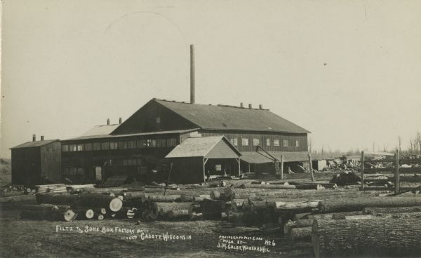 Photographic postcard of the Filtz and Sons Box Factory. Logs are stacked in the foreground. Caption reads: "Filtz and Sons Box Factory, Cadott, Wisconsin."