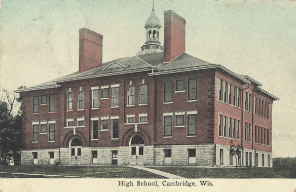 Colorized postcard of the Cambridge High School. Text at foot reads: "High School, Cambridge, Wis."