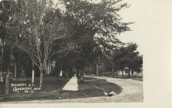 Photographic postcard of Resident Street. The street is unpaved and a sidewalk can be seen on the left side. Homes are visible through the trees. Caption reads: "Resident Street, Cambridge, Wis."