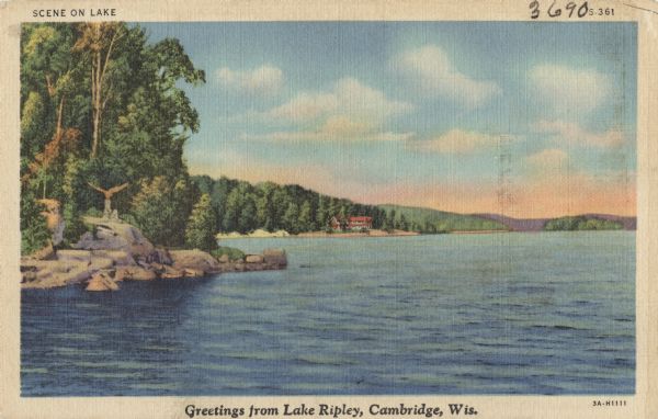 Colorized postcard of a lake. Rocks and trees are on the left. On the far shoreline is a cottage or lodge. Text in upper left corner reads: "Scene On Lake," and at the bottom "Greetings from Lake Ripley, Cambridge, Wis."