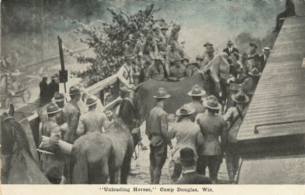 Colorized postcard of an elevated view of horses being unloaded from railroad cars by soldiers. Caption reads: "'Unloading Horses,' Camp Douglas, Wis."