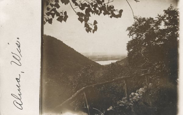 Photographic postcard of the river valley from the bluffs near Alma. A small portion of the river is visible between the bluffs and somewhat obscured by low hanging branches from a tree. An old wooden fence stands near the edge of a drop off.