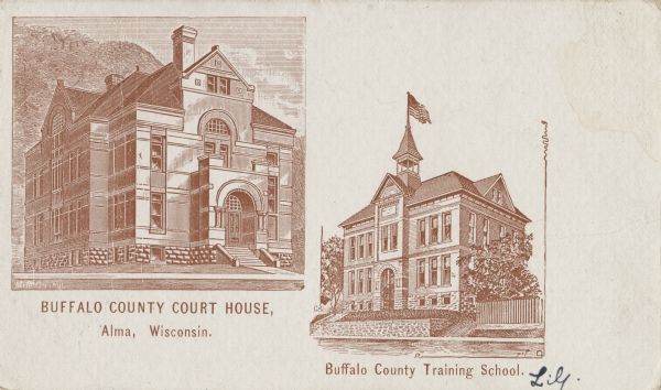 Picture postcard view of the Buffalo County Court House and Buffalo County Training School.