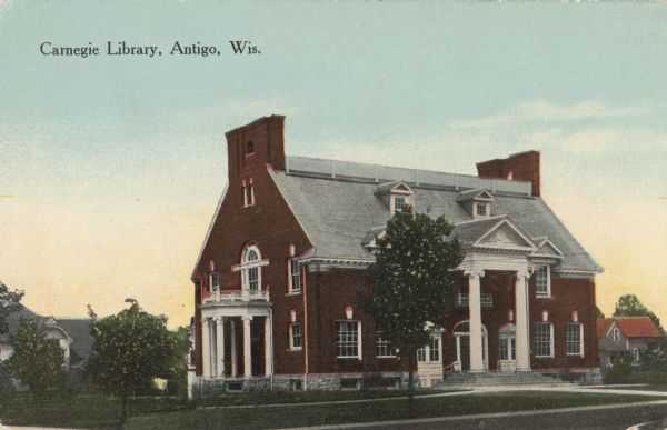 Colorized postcard of the exterior of the Carnegie Library. Caption reads: "Carnegie Library, Antigo, Wis."
