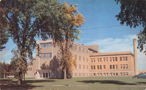 Color photographic postcard of the east side of Langlade County Memorial Hospital.
