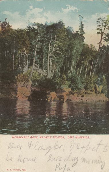 Colorized postcard of Rembrandt Arch, a geological formation on the Apostle Islands. Caption reads: "Rembrandt Arch, Apostle Islands, Lake Superior."
