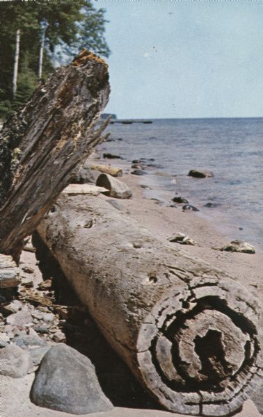 Color postcard of rocks and driftwood along Rocky Island's shoreline, part of the Apostle Islands.