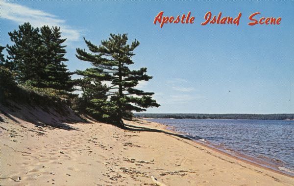 Color postcard of a sandy shoreline on one of the Apostle Islands. Caption reads: "Apostle Island Scene."