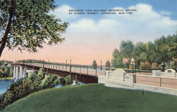 Colorized postcard view from hill toward the bridge along the right crossing the river. The bridge was completed in 1924. Caption reads: "Soldiers' and Sailors' Memorial Bridge at Cherry Street, Appleton, Wis."