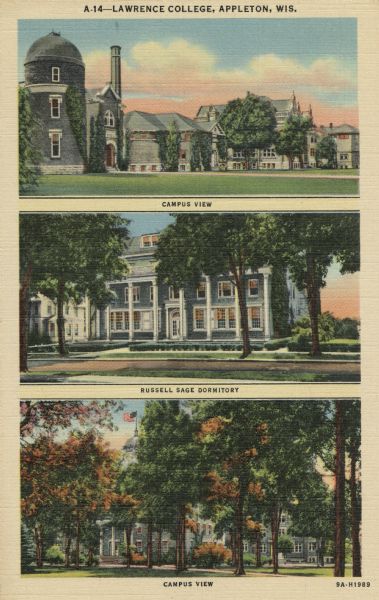 Three views of the campus at Lawrence College. Images include a campus view of several buildings, the Russell Sage Dormitory, and another campus view showing Main Hall mostly obscured by trees. Caption reads: "Lawrence College, Appleton, Wis."